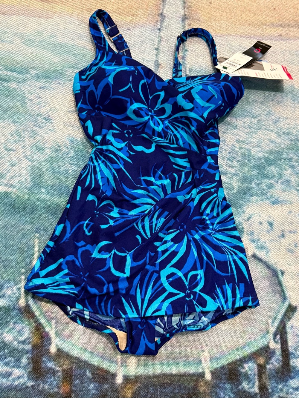 Blue Floral One-Piece Swim Dress with Adjustable Straps Sz. 36C